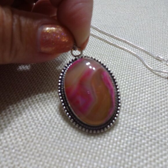 Beautiful PINK BOTSWANA AGATE Handmade Sterling 925 Pendant/Chain #388C - Picture 2 of 3